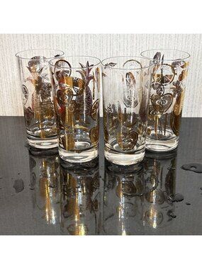 Vtg Culver 22K Gold Highball Glasses Florentine Fruits Set of 4 60s MCM Barware